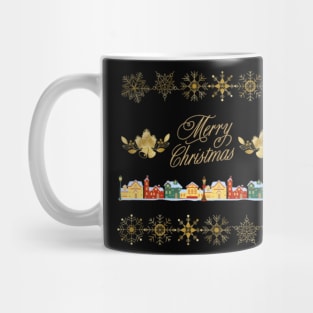 Merry Christmas Gold Theme Village with Snowflakes and Bells Mug